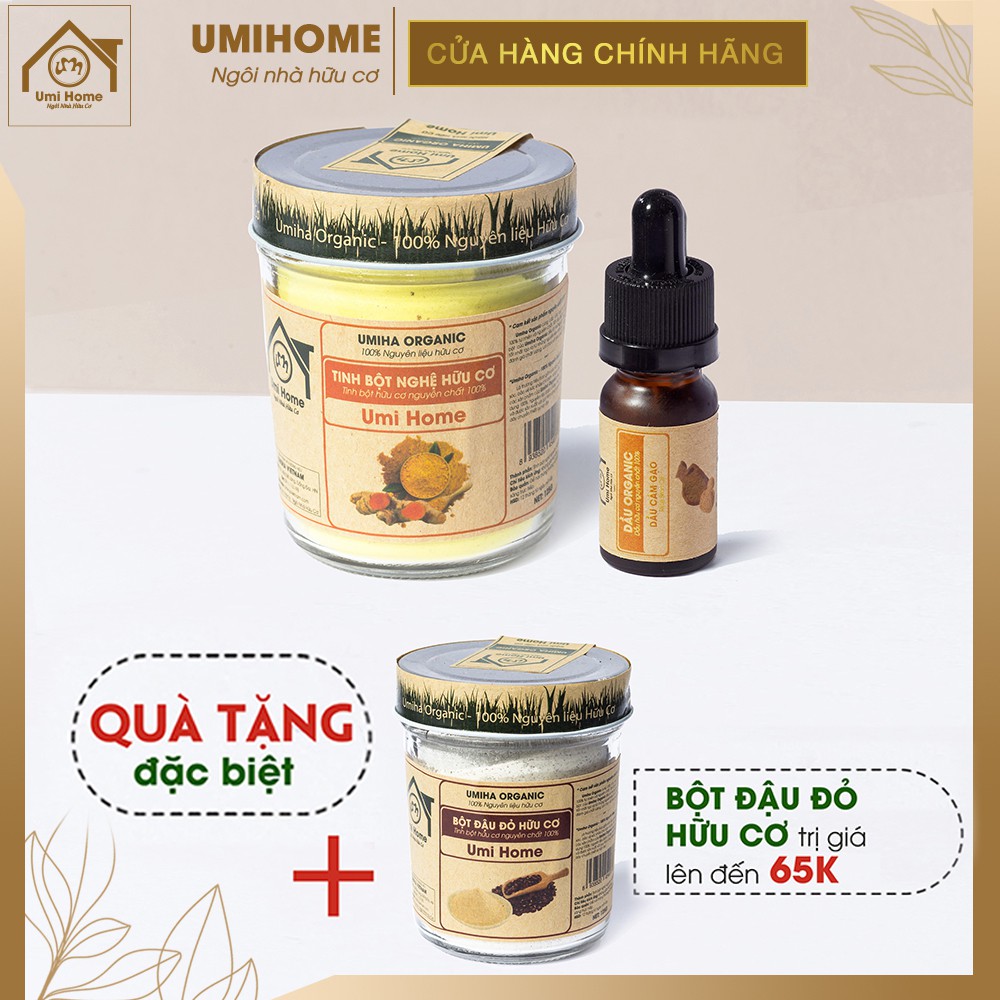 Đắp mặt trắng mịn cấp ẩm da với dầu Cám Gạo 10ml và tinh bột Nghệ 125g Umihome | Tặng bột Đậu Đỏ hữu cơ 125g | Handmade