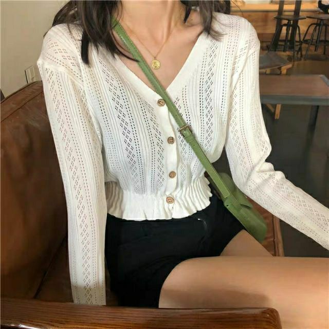 😘 Áo croptop xuân thu dài tay cổ tim chiết eo nữ tính