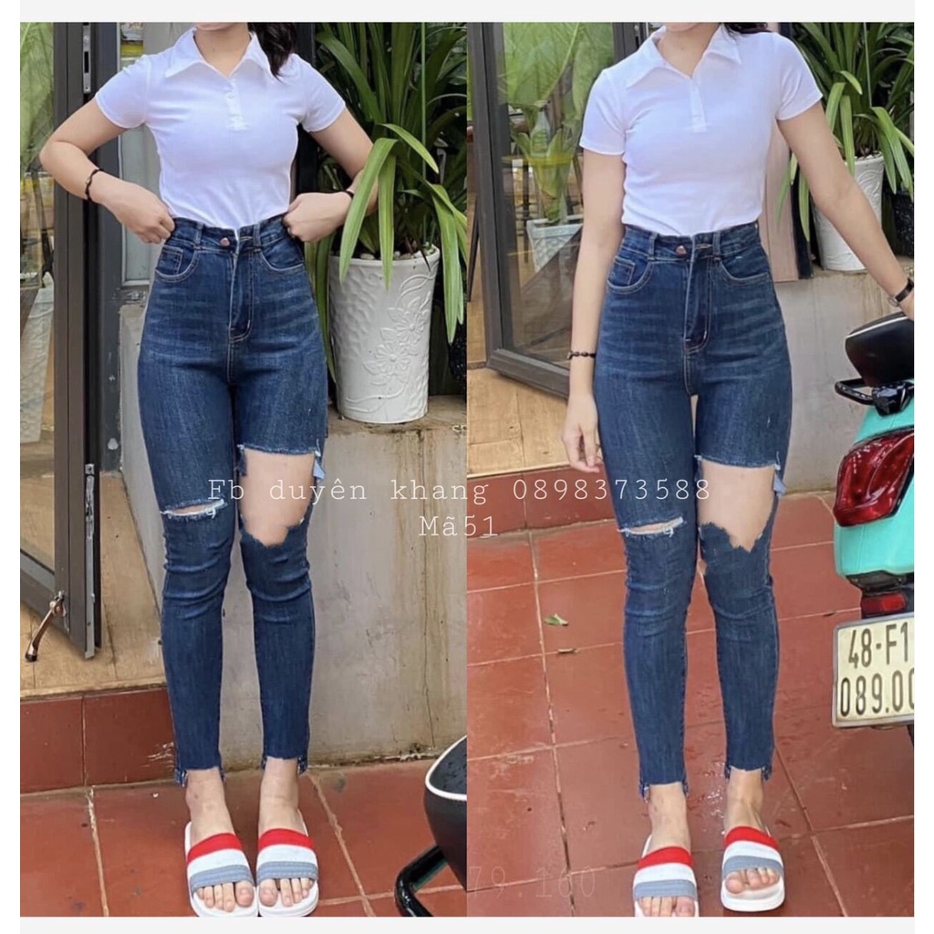 Set jeans dài lưng cao rách ô + crop petter trắng