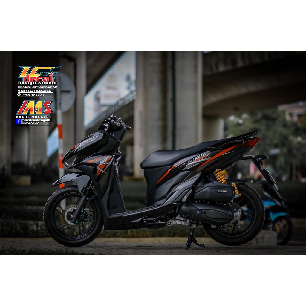 TEM RỜI cho Vario 150 đen bóng - mẫu sọc cam xám in 3 lớp chất lượng cao