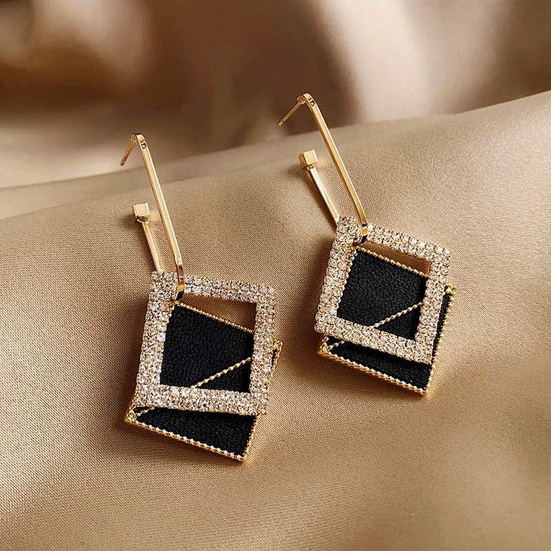 Đôi Bông Tai Mạ Bạc 925 Hình Chữ Nhật Đính Kim Cương Phong Cách Hàn Quốc Thời Trang Cho Nữ