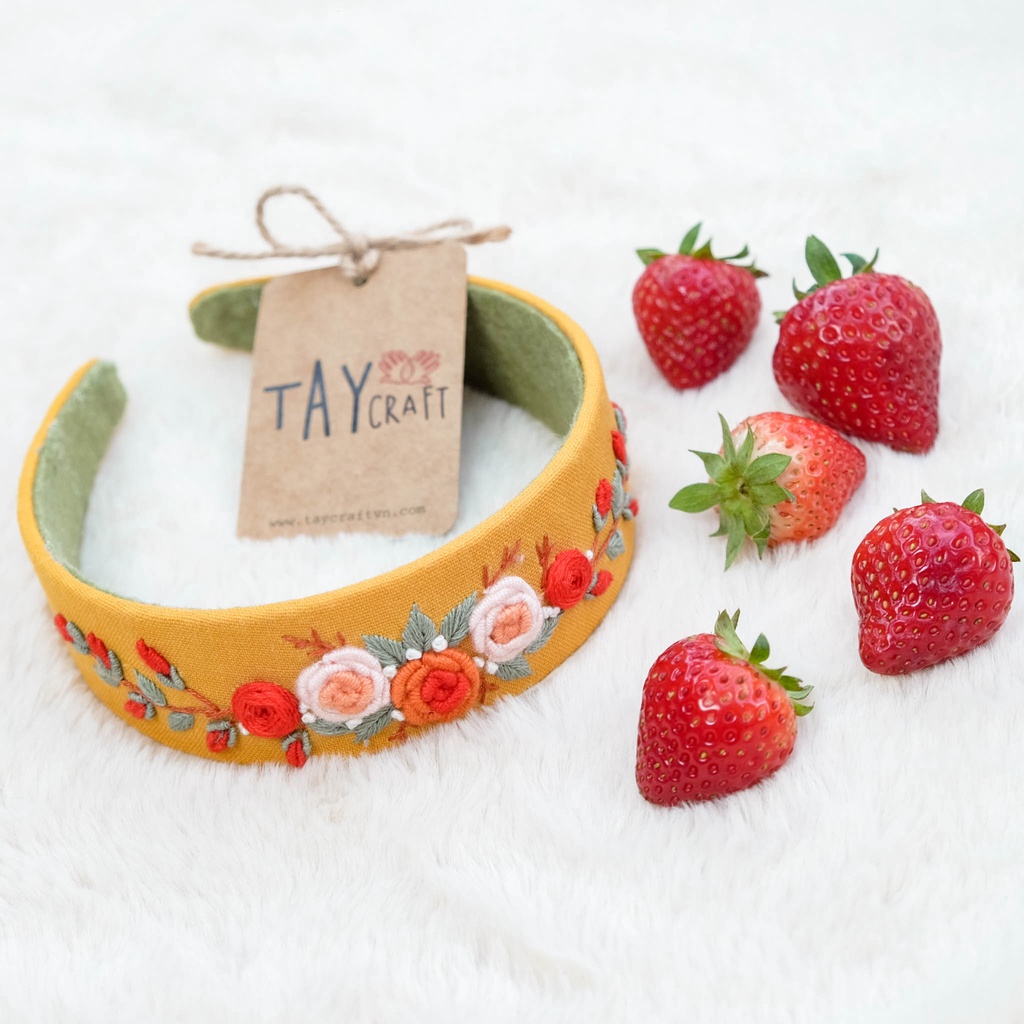 Bờm tóc linen handmade, Băng đô cài tóc thêu tay thủ công bản 4cm