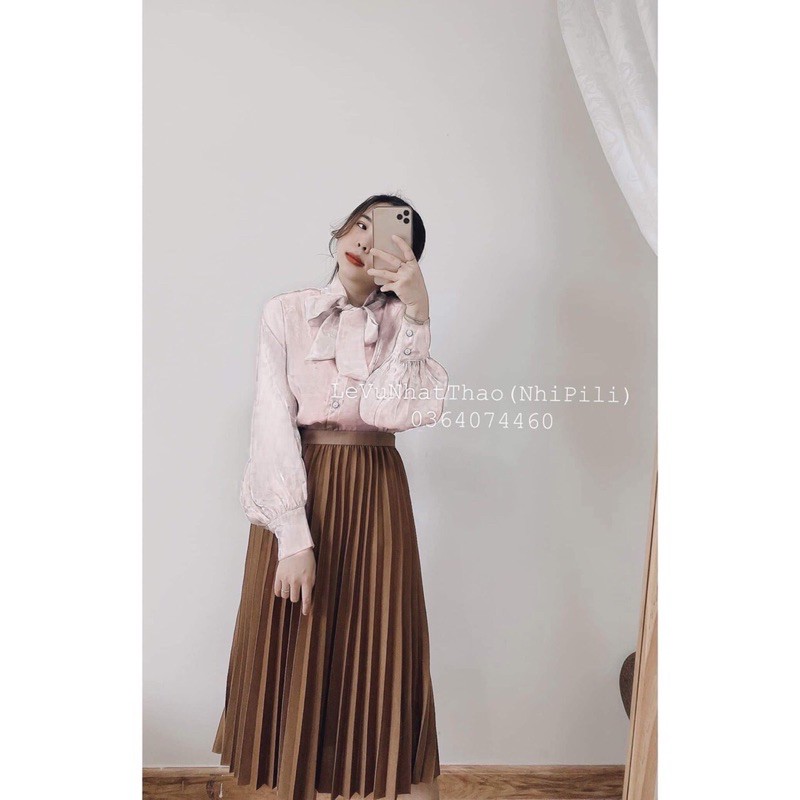 Set áo sơ mi nơ mix chân váy xếp ly dài siêu xinh (Hàng đẹp,có ảnh và video thật) | BigBuy360 - bigbuy360.vn