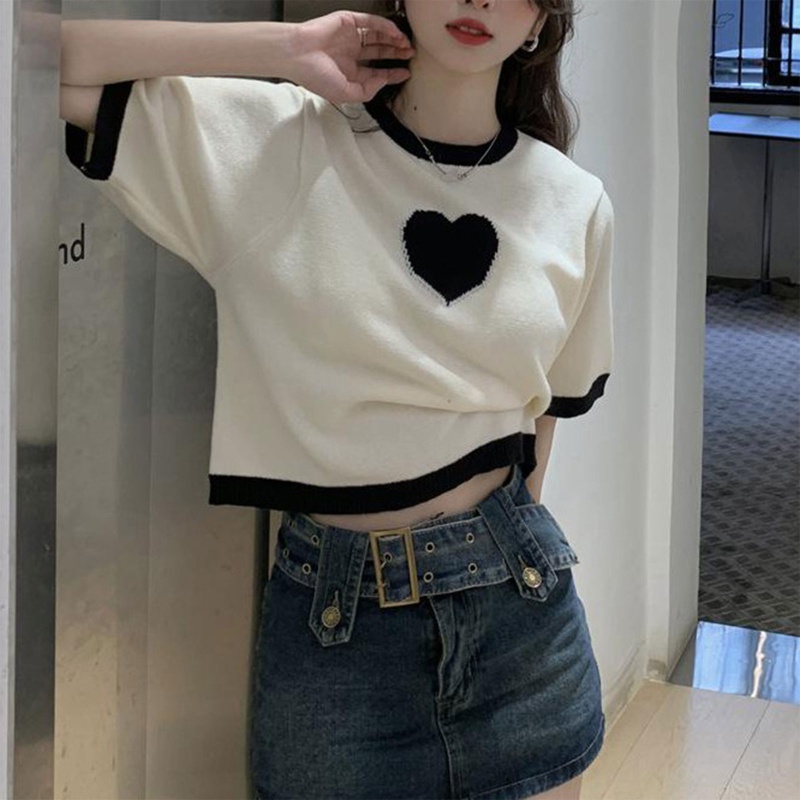 Áo Thun Crop Top Dệt Kim Tay Ngắn Cổ Thuyền Màu Tương Phản Họa Tiết Trái Tim Dễ Thương Thời Trang Mùa Hè Cho Nữ
