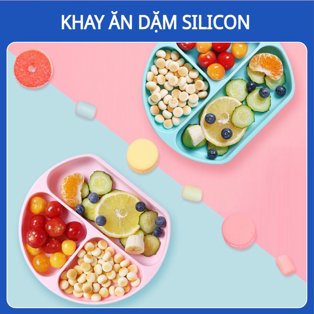 Khay Ăn Dặm Silicon Cho Bé Chống Đổ Có Đế Hút Chân Không 3 Ngăn Kiểu Nhật Cao Cấp Giúp Kích Thích Bé Tập Ăn Dặm Ngoan