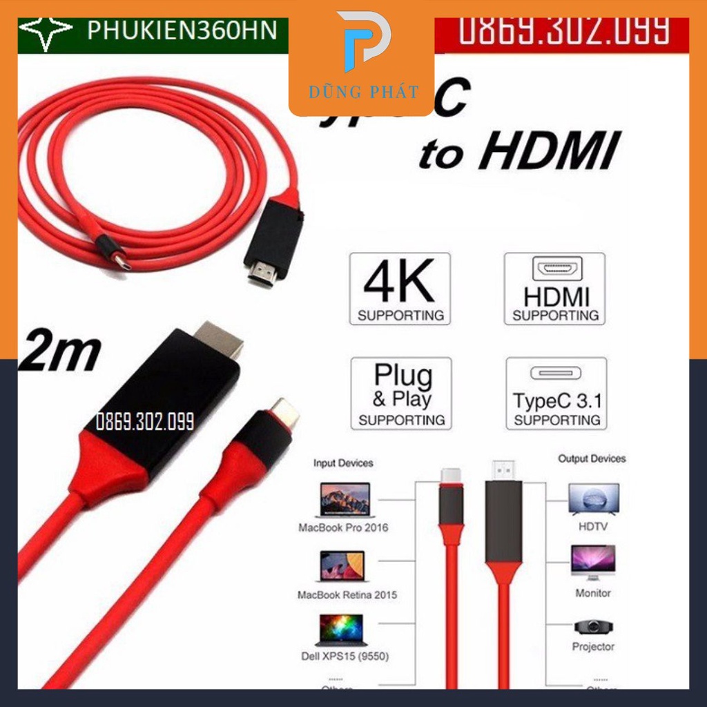 Cáp chuyển tín hiệu Type-C ra HDMI dài 2m cho Android - Cáp HDMI MHL cho điện thoại Android Type-C dài 2m