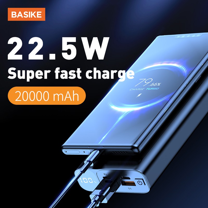 BASIKE 20000 mAh power bank 22.5W power digital display metal material with charging cable