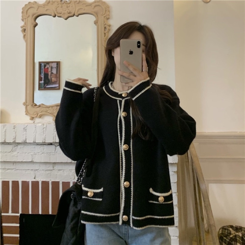Áo khoác len dệt kim cardigan cổ tròn phối cúc có viền sang chảnh thanh lịch đen trắng Hàn Quốc Yannie