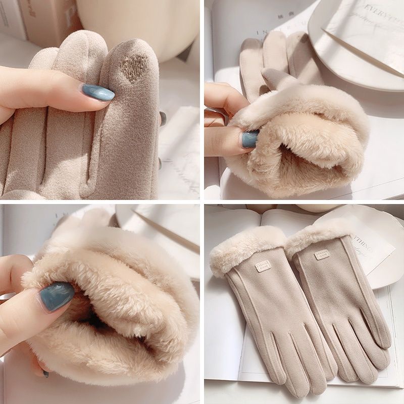 Găng Tay Da Lộn Lót Lông Cừu Lót Lông Cừu Dày Dặn Giữ Ấm Chống Lạnh Dễ Thương Dành Cho Bạn Nữ Đi Xe Đạp Vào Mùa Đông