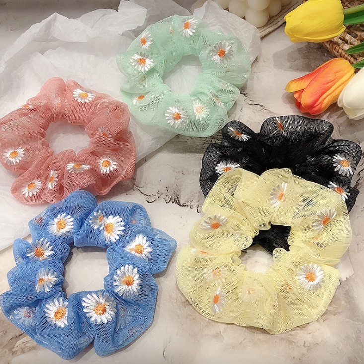 Dây buộc tóc thêu cúc họa mi tinh tế vòng lớn Scrunchies xinh xắn HD41