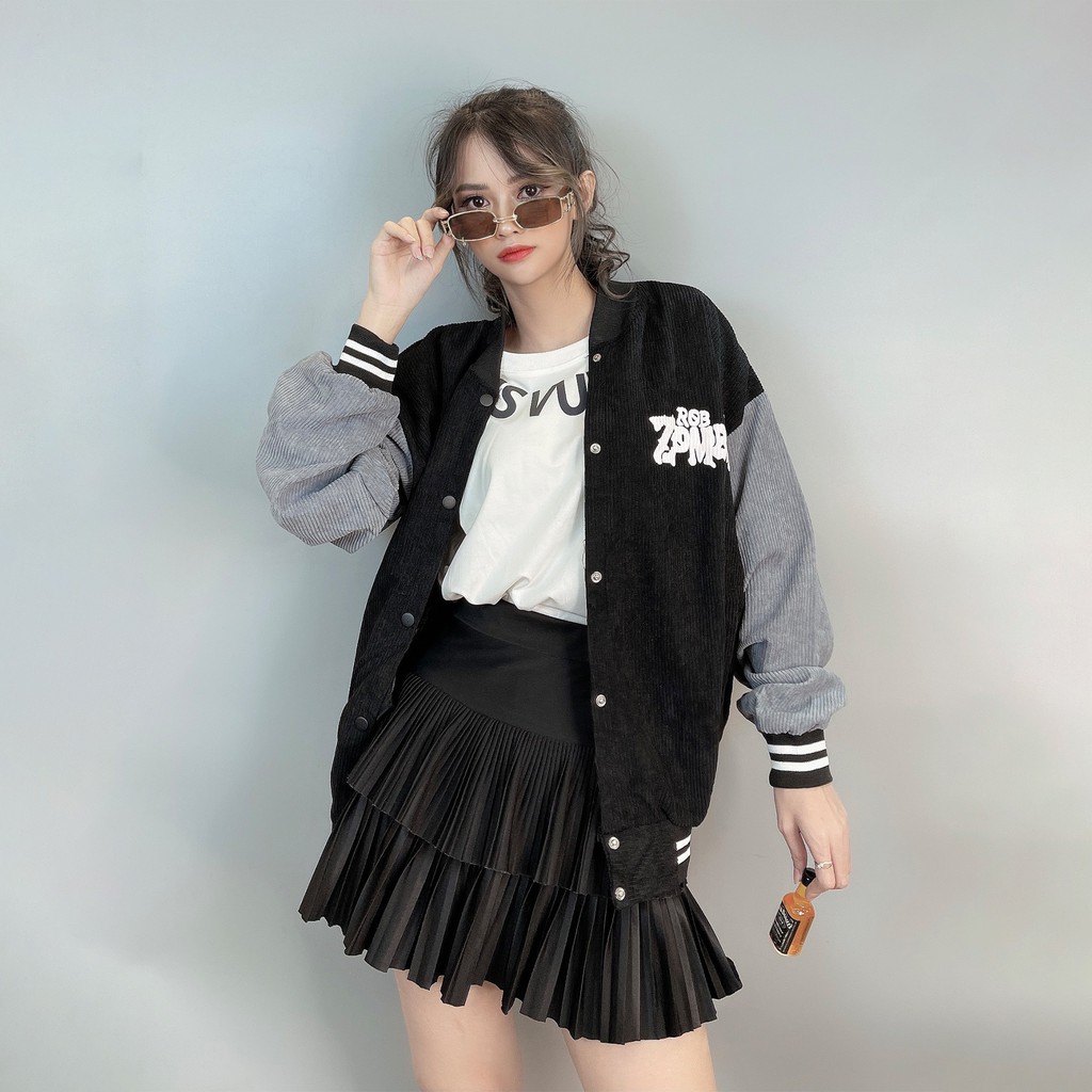 Áo khoác bomber kaki nhung tăm RobZombie varsity jacket unisex nam nữ form rộng GAZU -069