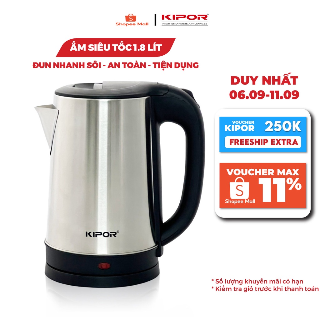 Ấm siêu tốc KIPOR KP-A318SA - 1.8L - Vỏ inox, đế xoay 360 độ, Bảo hành tại nhà 12 tháng