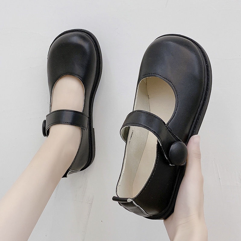 Giày búp bê nữ mũi tròn 3 màu đen, be và nâu cài quai phong cách Hàn Quốc