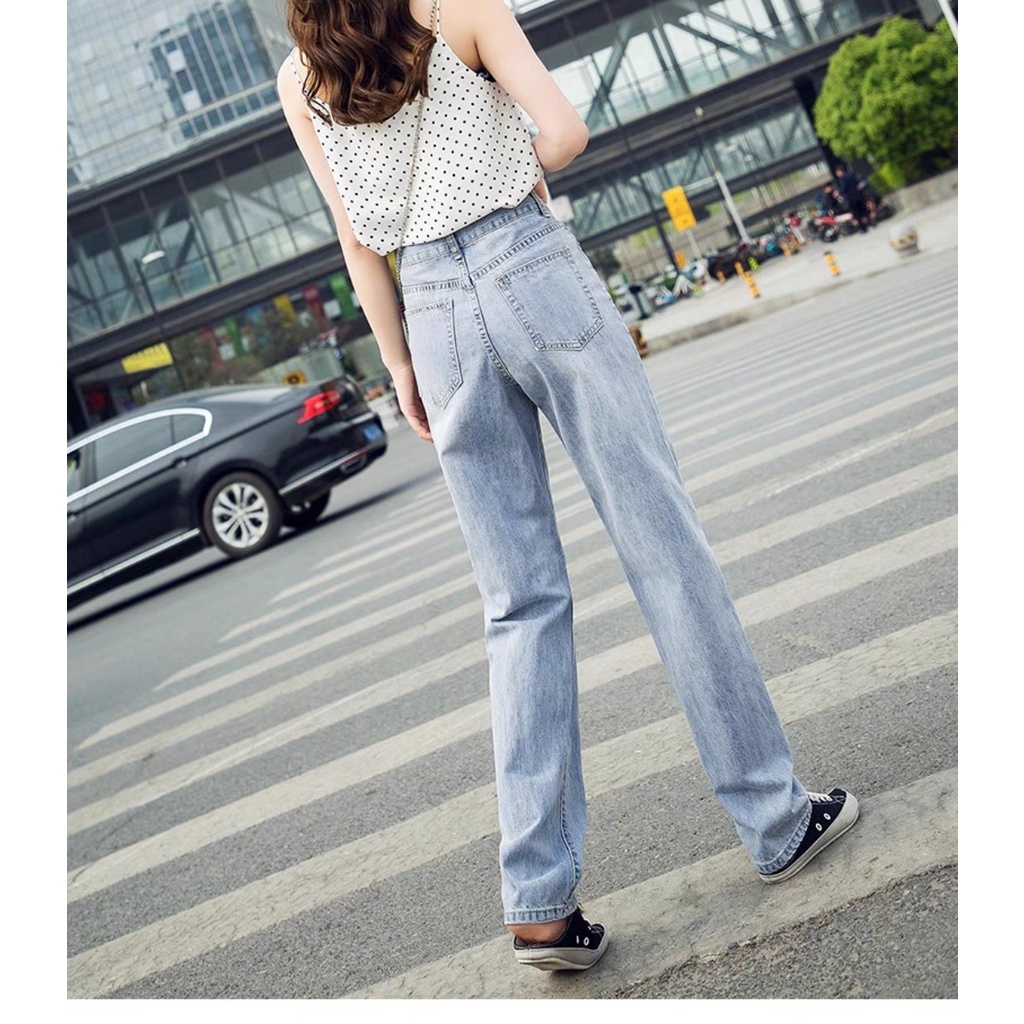 Quần jean bò nữ ống xuông rộng lưng cao cạp cao đẹp màu xanh nhạt sky hot 2022 HoHaJean22 | BigBuy360 - bigbuy360.vn