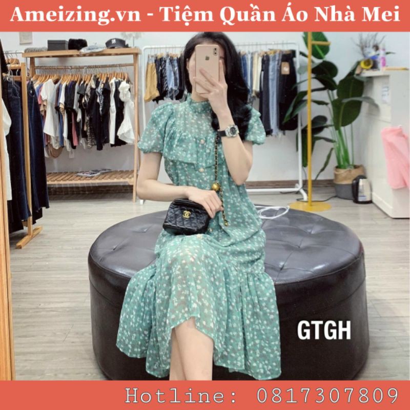 Váy đầm hoa nhí lụa cát vintage dáng dài đuôi cá bèo tiểu thư điệu đà trẻ trung