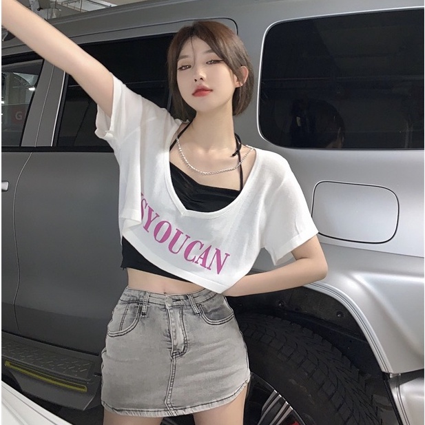 Set Áo Croptop Tay Ngắn MIMILA Áo Thun Crotop Dáng Rộng Cổ Yếm In Chữ Kèm Áo Trong  Phong Cách Retro - MA053