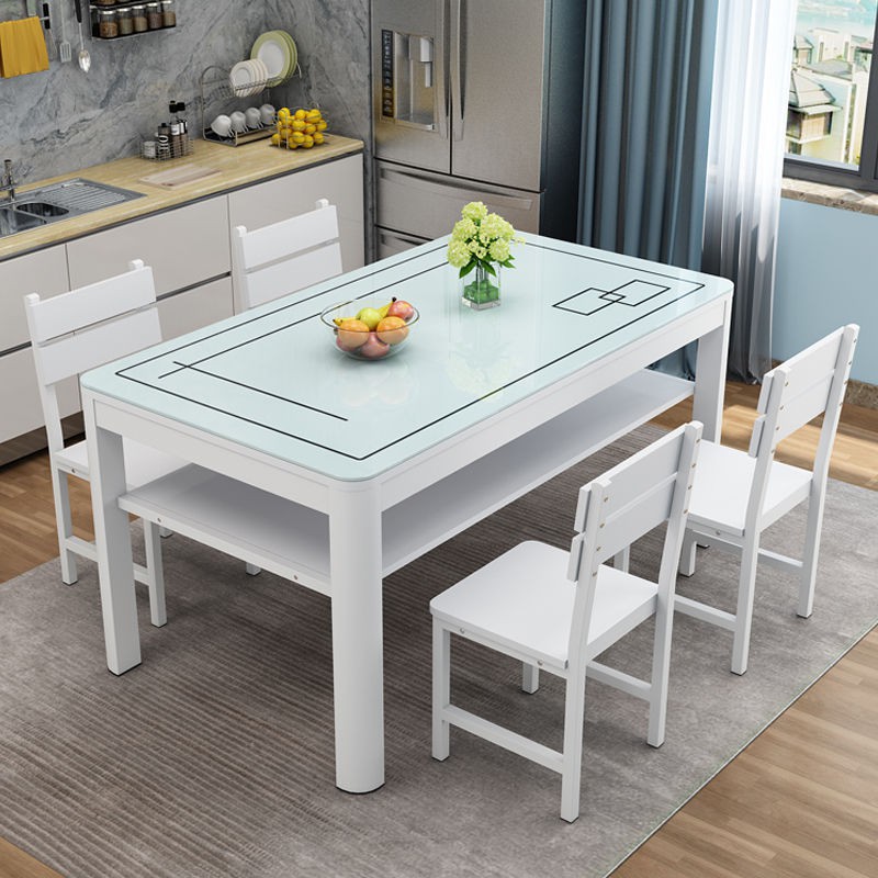 Bộ bàn ghế ăn kết hợp hình chữ nhật 4 người 6 cho căn hộ chung cư nhỏ hiện đại đơn giản mặt kính đôi