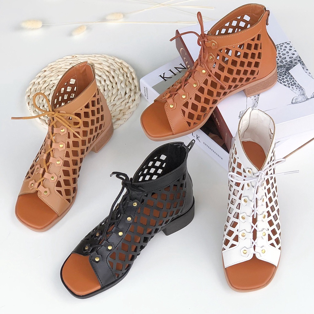 [CAO CẤP] Giày sandal chiến binh da cắt lazer cột dây đế thấp hàng xịn lạ mắt sang trọng S370