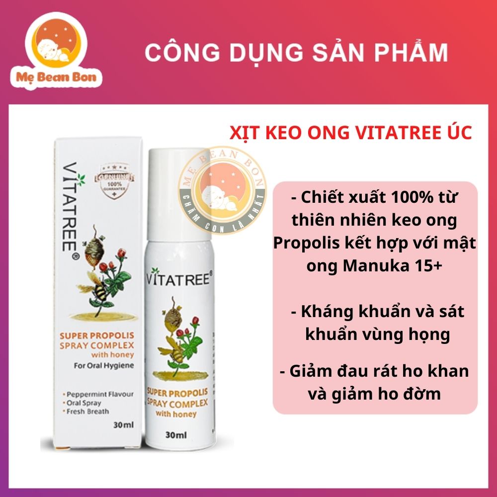 Xịt họng keo ong Vitatree 30ml cho bé từ 2 tuổi của úc giảm ho đau ngứa họng, tăng sức đề kháng, giảm viêm loét miệng