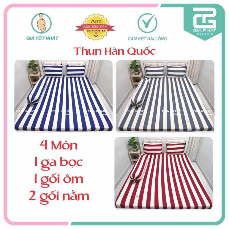 Bộ ga gối Thun Lạnh Hàn Quốc { 4 Món } họa tiết Sọc 5 phân ( 1 ga bọc + 2 vỏ gối nằm + 1 vỏ gối ôm )