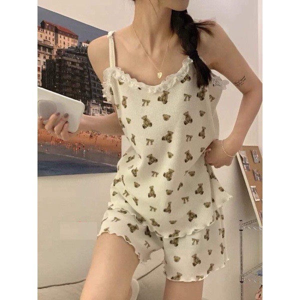Bộ Áo 2 Dây Viền Ren Quần Short Họa Tiết Gấu Cao Cấp, Set Quần Áo Ngủ Nữ Chất Borip | BigBuy360 - bigbuy360.vn