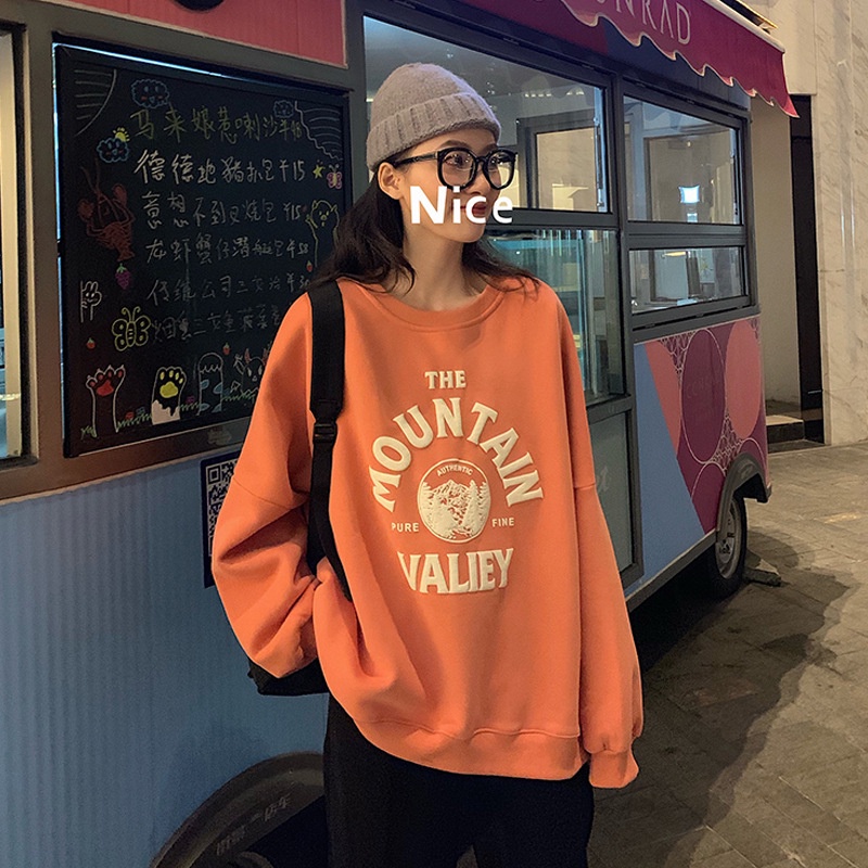 SUXI Áo Nỉ Tay Dài Cổ Tròn In Chữ Phong Cách Hàn Quốc