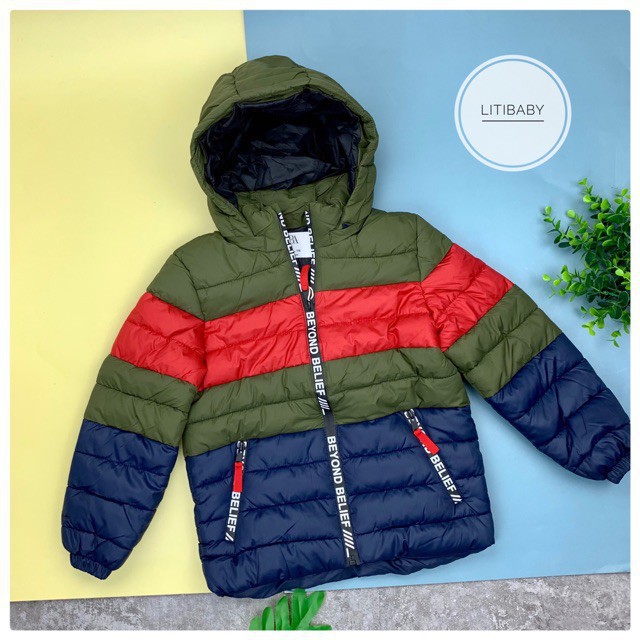 Áo phao thu đông trần bông phối màu, khóa túi, tay bo bé trai size 5/6-13/14, cho bạn từ 25-50kg. Mũ có thể tháo rời