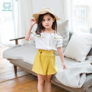Set áo trễ vai thêu hoa+quần short cho bé gái