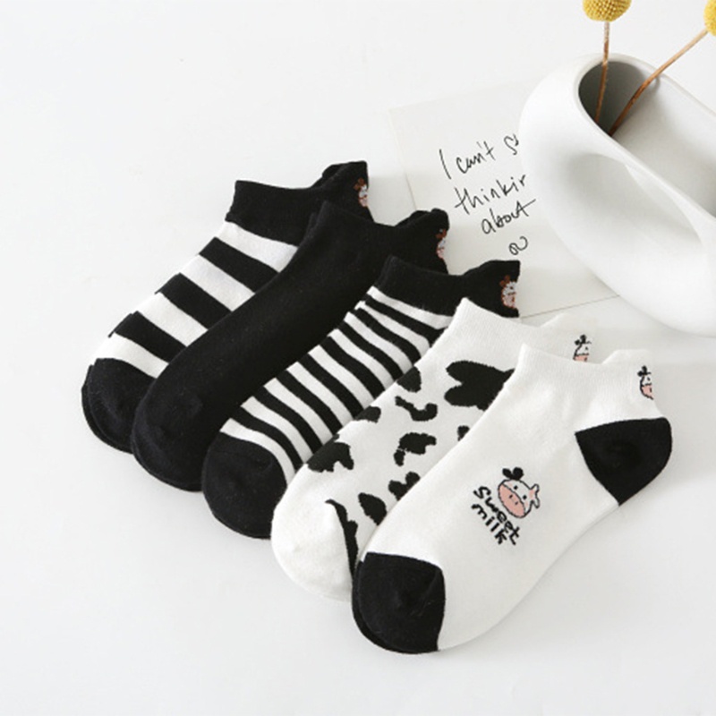 XIXI Set 5 Đôi Tất Cotton Cổ Thấp In Họa Tiết Bò Sữa Hoạt Hình Thời Trang Mùa Hè Cho Nữ