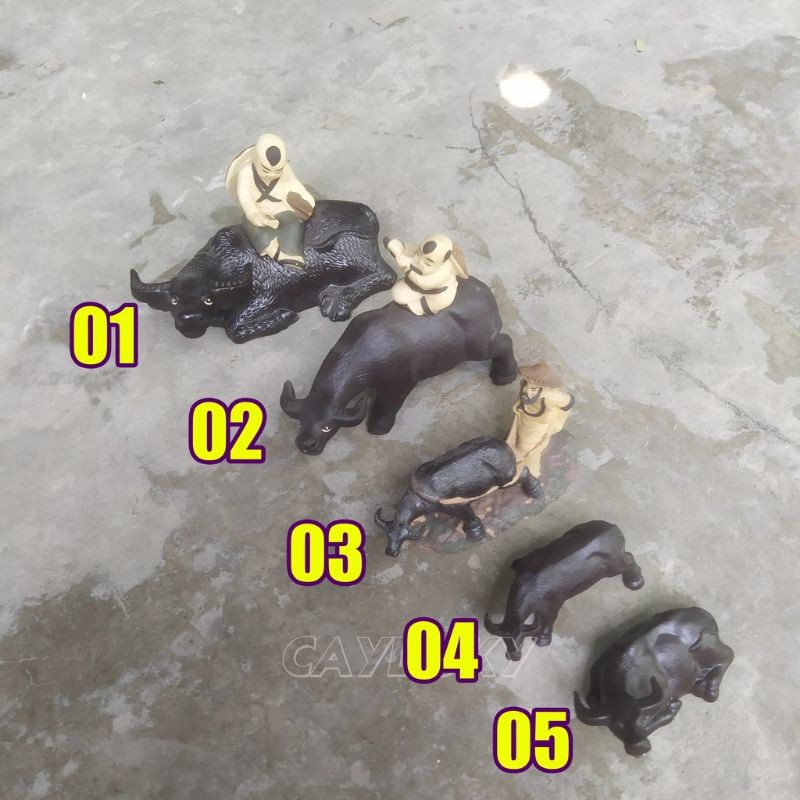 9 tượng gốm con trâu ăn cỏ mini làm mô hình trang trí tiểu cảnh, trang trí tết
