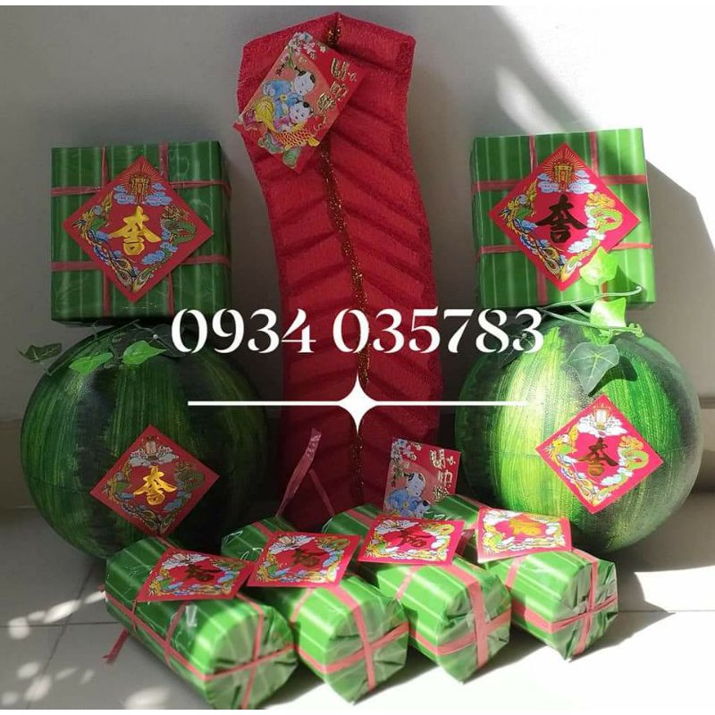 Bánh chưng bánh tét dưa hấu dừa vàng pháo giả trang trí