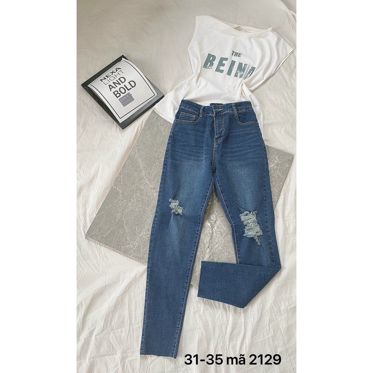 Quần jean nữ lưng cao siêu co giãn kiểu quần bò rách đùi hàng VNXK MS2129 thời trang bigsize 2Kjean