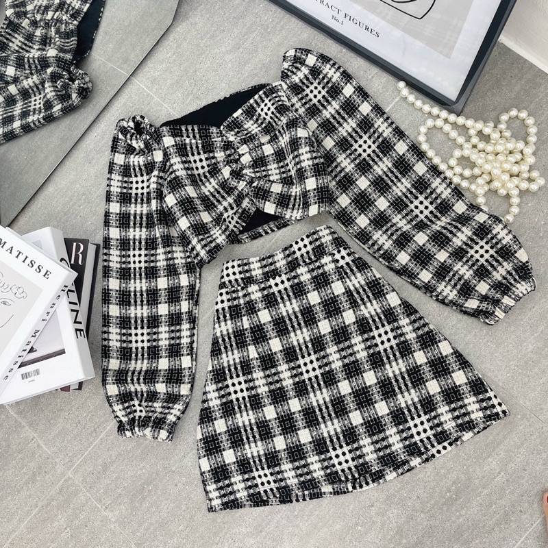 Set áo crop caro xoắn ngực tay dài + chân váy form A ulzzang quảng châu | BigBuy360 - bigbuy360.vn