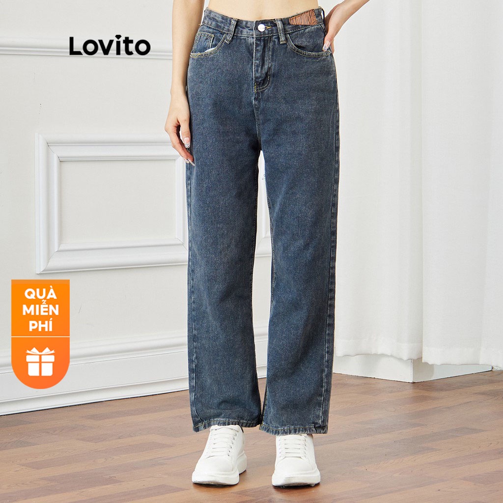 【Gợi ý từ KOL】Quần jean Lovito chưa qua xử lý giặt màu trơn cơ bản mặc thường ngày L15X136 (Màu xám xanh dương)