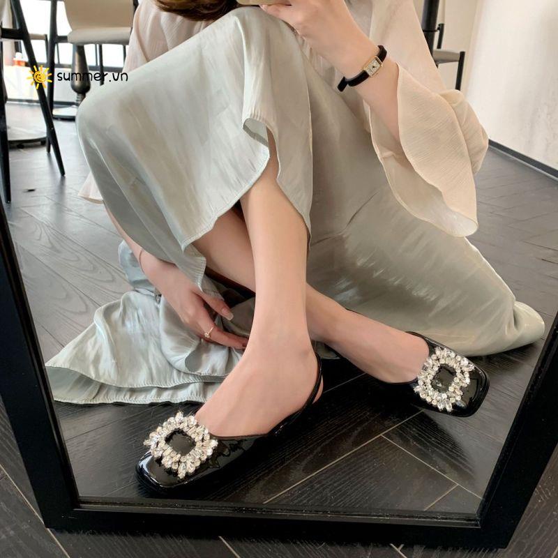 Giày Sandal Da Mềm Mũi Vuông Đính Đá Xinh Xắn Thời Trang