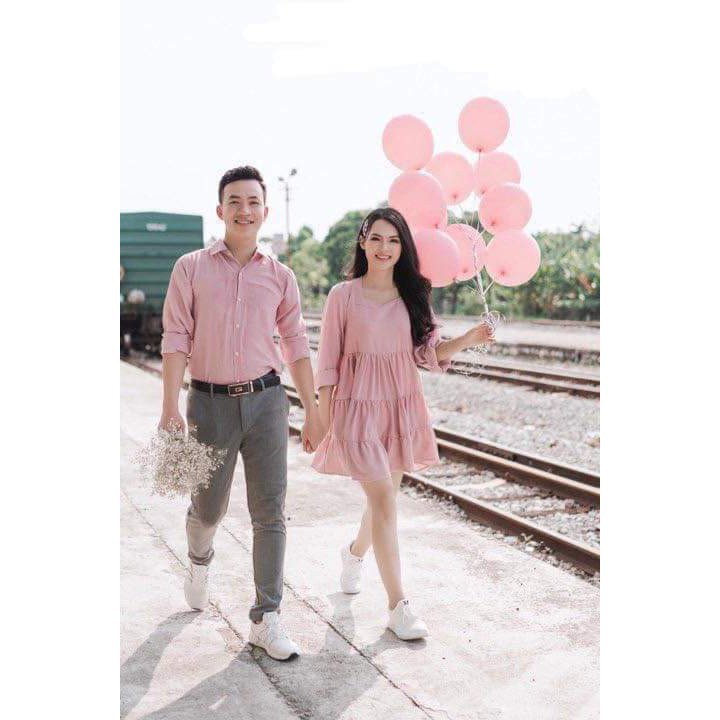 áo thun unisex Set váy áo sơ mi nam đôi - Đồ đôi nam nữ váy nữ dáng ngắn sơ mi nam tay dài đi chơi, đi tiệc Đồ đôi YAME