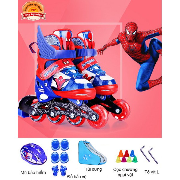 Bộ Giày trượt Patin trẻ em hàng hiệu Disney Spiderman - Full Mũ + Bộ bảo vệ + Túi + Quà - Giày Patanh có Ánh sáng