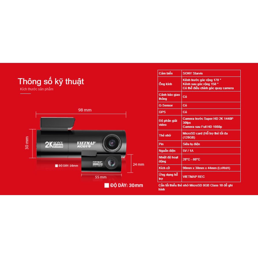 Camera hành trình Vietmap KC01 Pro Cảnh báo giao thông bằng giọng nói tiếng việt, ghi hình trước sau 2k