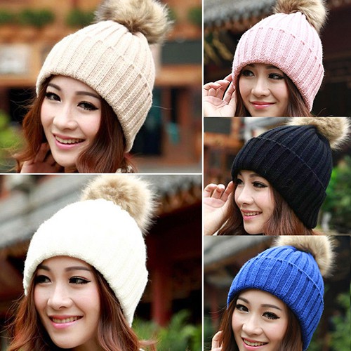 Lk LK❈Mũ Len Beanie Nữ Đính Quả Bông