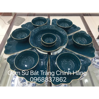 Bộ bát đĩa hoa mặt trời men xanh kẻ chỉ vàng kim