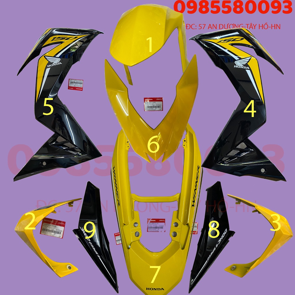 Dàn áo, yếm xe, mặt nạ, ốp đuôi Winner V1 Vàng đời 2018 Zin chính hãng Honda