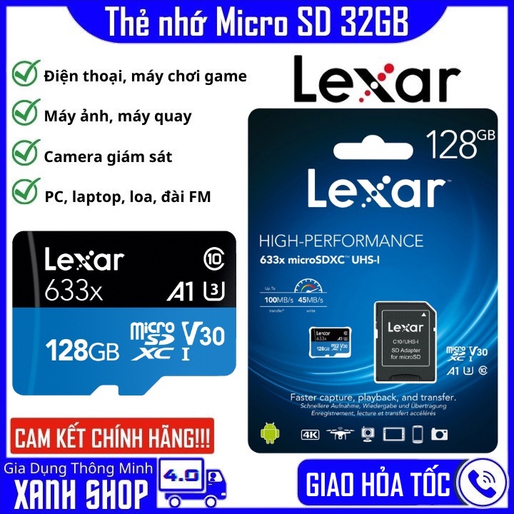 Thẻ nhớ Micro SD 32/64/128GB Lexar - Tốc độ đọc 100mb/s - Thẻ nhớ Lexar chính hãng - Bảo hành 12 thá