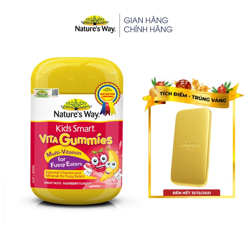 Kẹo Dẻo Cho Bé Nature's Way Kids Smart Vita Gummies Multi Vitamin for Fussy Eaters Kích Thích Ăn Ngon 60 Viên