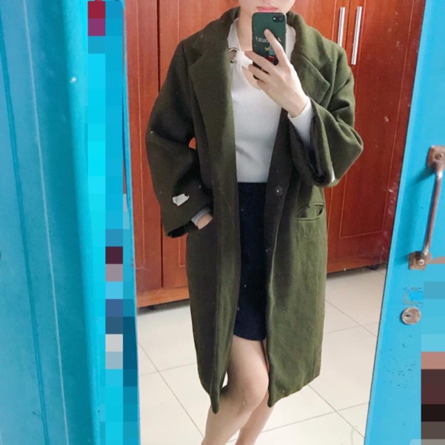 Áo dạ si dáng dài màu xanh rêu chất dày dặn