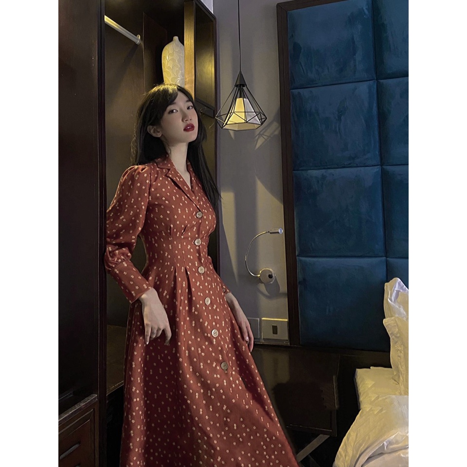 Đầm midi hoa nhí nâu tây vintage tay phồng dài NÀNG CLOSET
