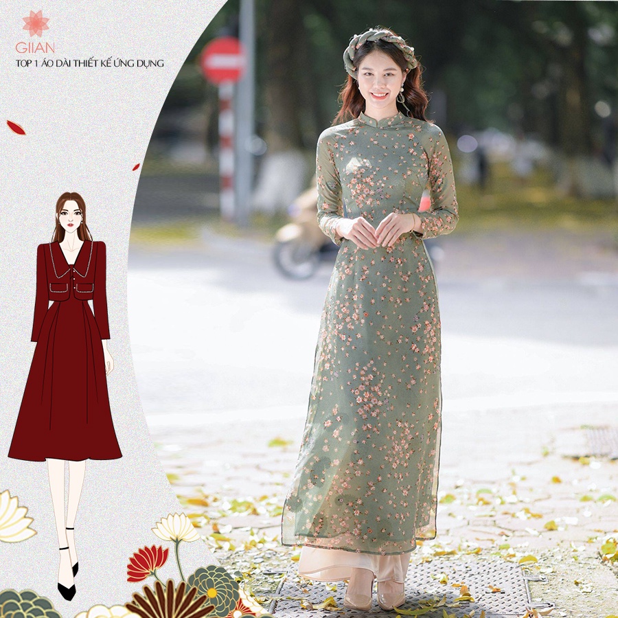 Áo dài truyền thống hoa nhí hàng thiết kế GIIAN, áo dài bốn tà chất liệu tơ voan mềm mại - AD162