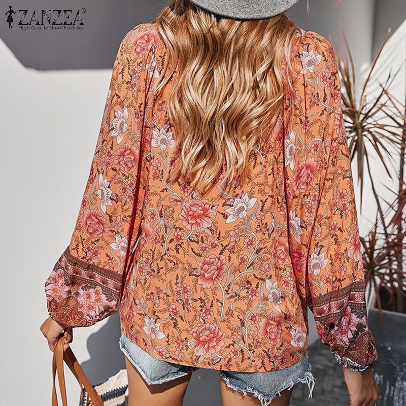 Áo nữ ZANZEA cổ v tay dài thắt dây dáng rộng in họa tiết thời trang cổ điển thường ngày