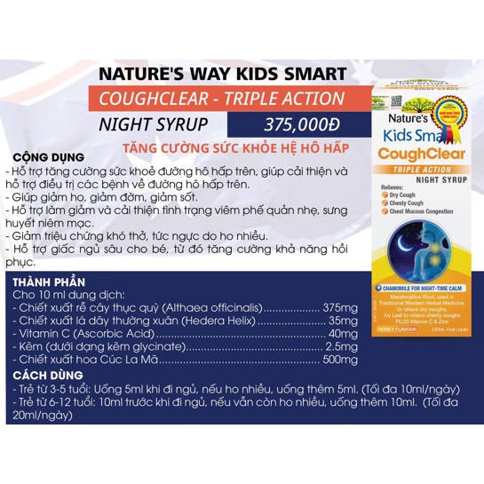 Siro Uống Giảm Ho, Long Đờm, ngủ ngon Tăng Cường Sức Khoẻ Hệ Hô Hấp Nature’s Way Kids Smart Cough night  chai 120ml