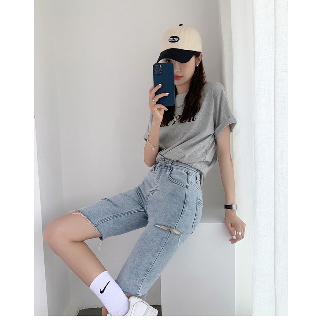 Quần Short denim Lưng Cao Co Giãn Ống Suông Thời Trang Mùa Hè 2022 Cho Nữ