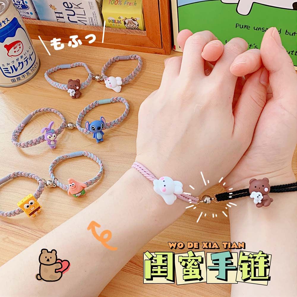 Set 2 vòng đeo tay dây bện phối hạt nam châm và mặt hoạt hình sáng tạo đáng yêu thời trang dành cho cặp đôi nam nữ